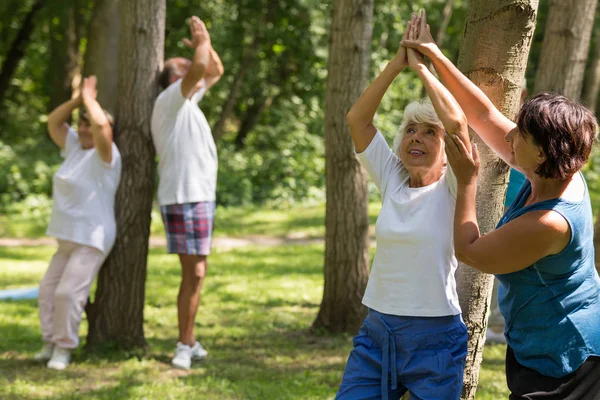 Entrenador ayudando a una mujer mayor con un ejercicio —  Fotos de Stock