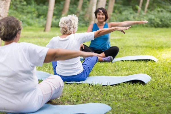 Mujeres mayores haciendo ejercicio en un parque con entrenador —  Fotos de Stock