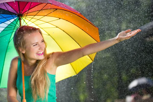 Girl with rainbow umbrella — Stock Photo, Image
