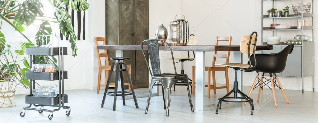 Metal chairs in dining room