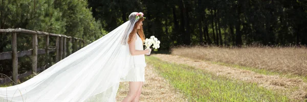 Novia con velo blanco en el campo —  Fotos de Stock