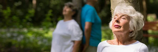 Senioren meditieren im Park — Stockfoto