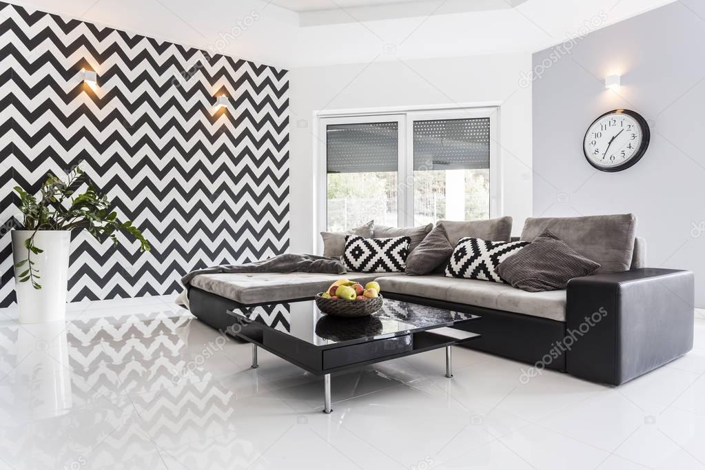 Posh living room with white tiled floor