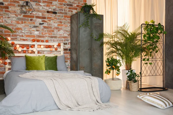 현대 침실에 킹 사이즈 침대 — 스톡 사진