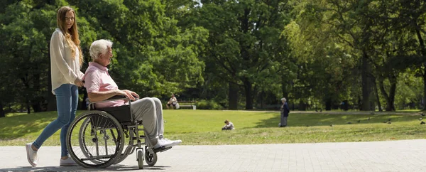 Парк со старшим на инвалидной коляске — стоковое фото