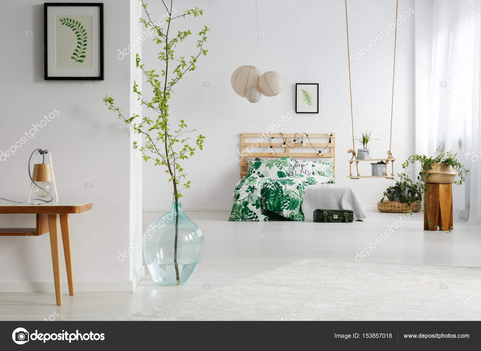 White Bedroom With Plants Stock Photo Image By C Photographee Eu 153857018 https depositphotos com 153857018 stock photo white bedroom with plants html