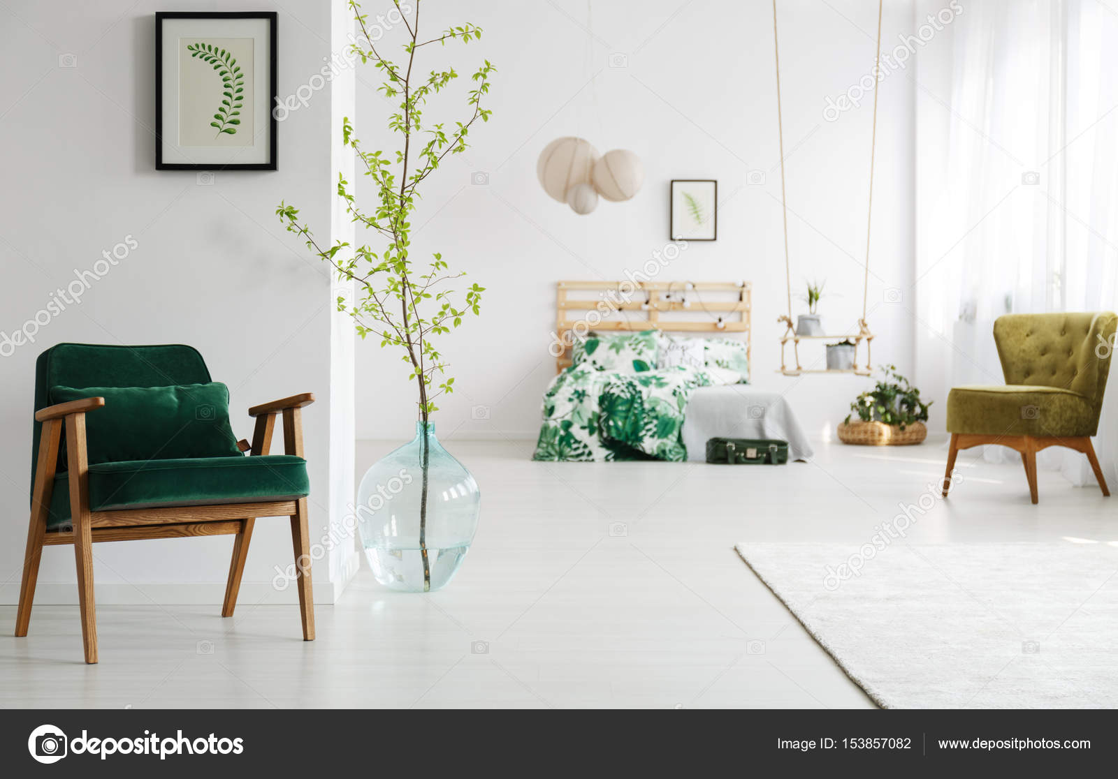 Nyitott hálószoba zöld fotel — stock fotó © photographee.eu #153857082