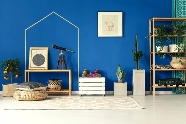 Blauwe kamer met decoratieve planten — Stockfoto