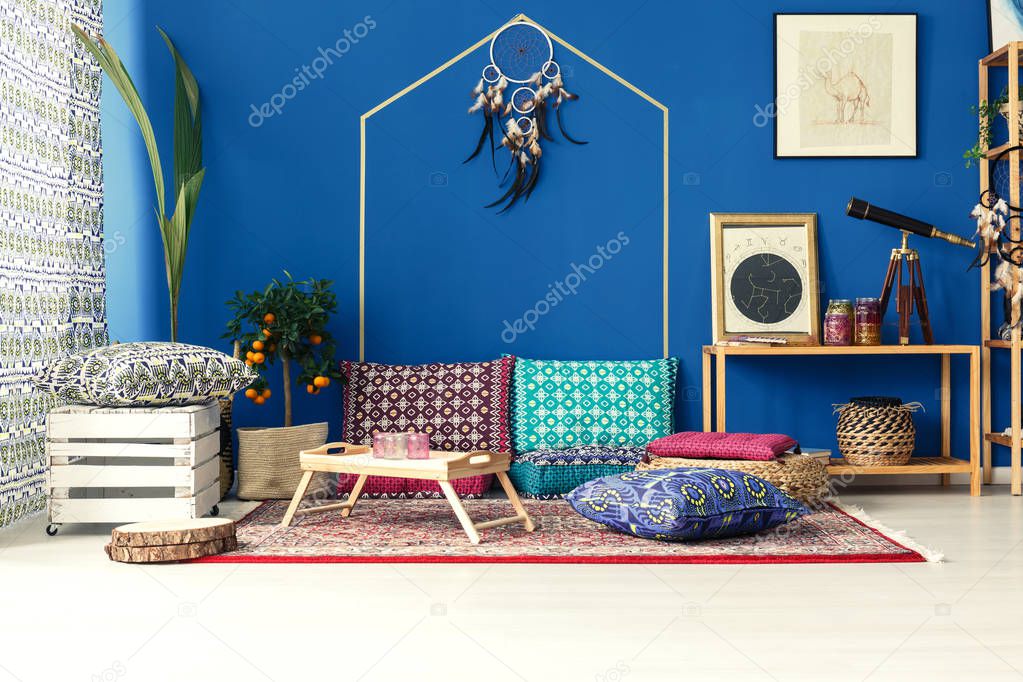 Oriental interior with colorful pillows