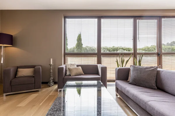 Geräumiges Wohnzimmer mit grauen Sofas — Stockfoto