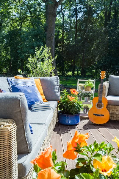 Acogedora terraza con flores y guitarra —  Fotos de Stock