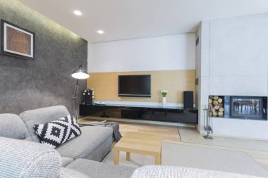 Oturma odasında tv ve şömine