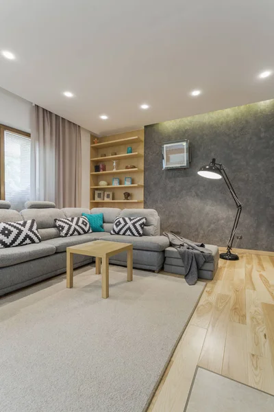 Prostorný obývací pokoj šedá — Stock fotografie