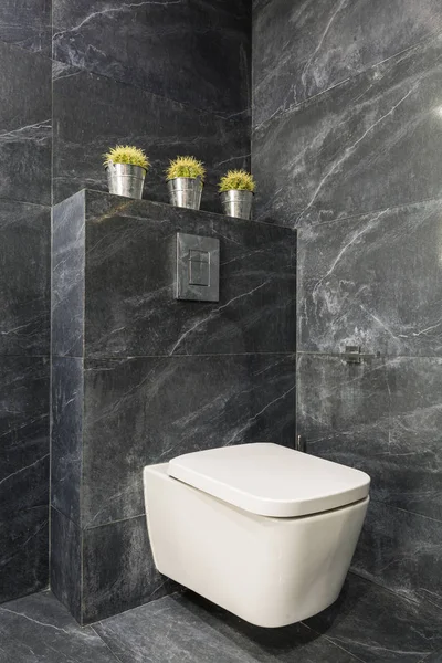 Bagno grigio moderno con servizi igienici bianchi — Foto Stock