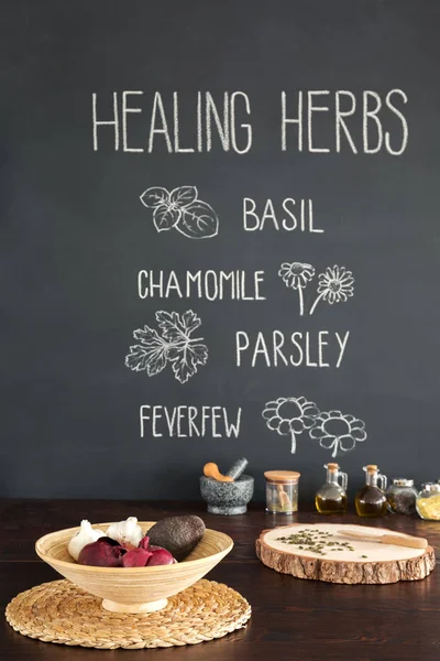 Drawings of herbs in a kitchen