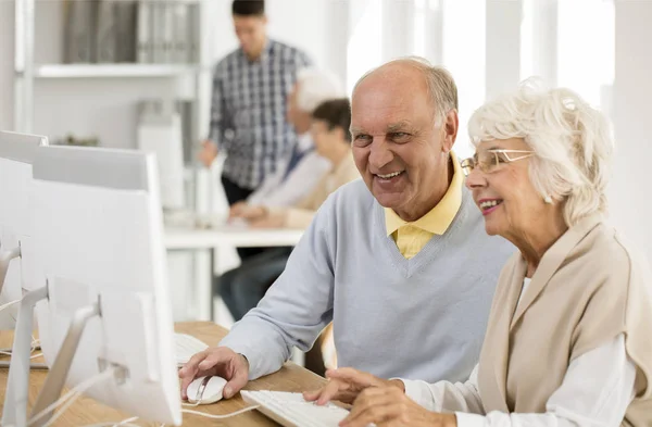 Ältere Freunde arbeiten am Computer — Stockfoto