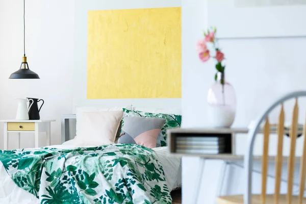 Pastel bedroom with artworks — Stock Photo, Image