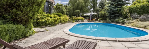 Swimming pool surrounded by garden plants — Stock Photo, Image