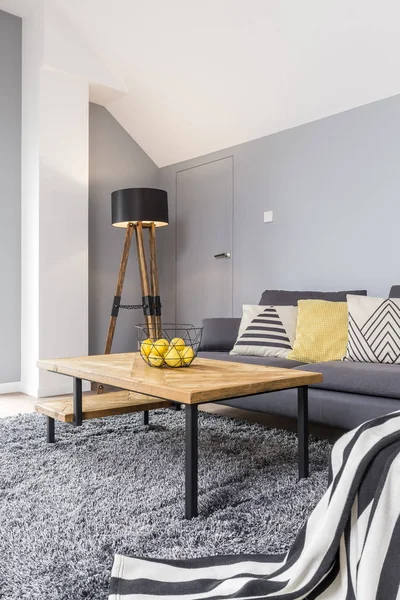 Dřevěné a šedou obývací pokoj — Stock fotografie