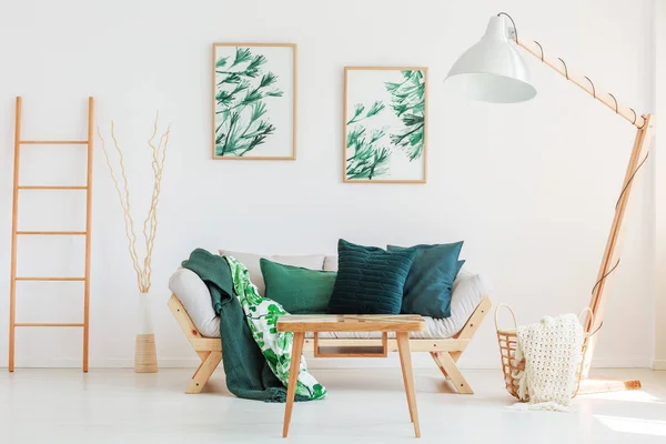 Диван с зеленым цветочным одеялом — стоковое фото