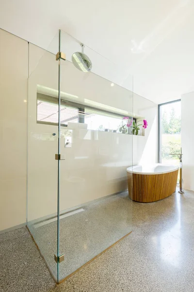 Современная ванная комната со стеклянным душем — стоковое фото