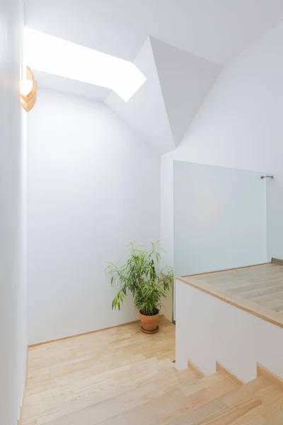 Minimalist bright staircase with wooden steps