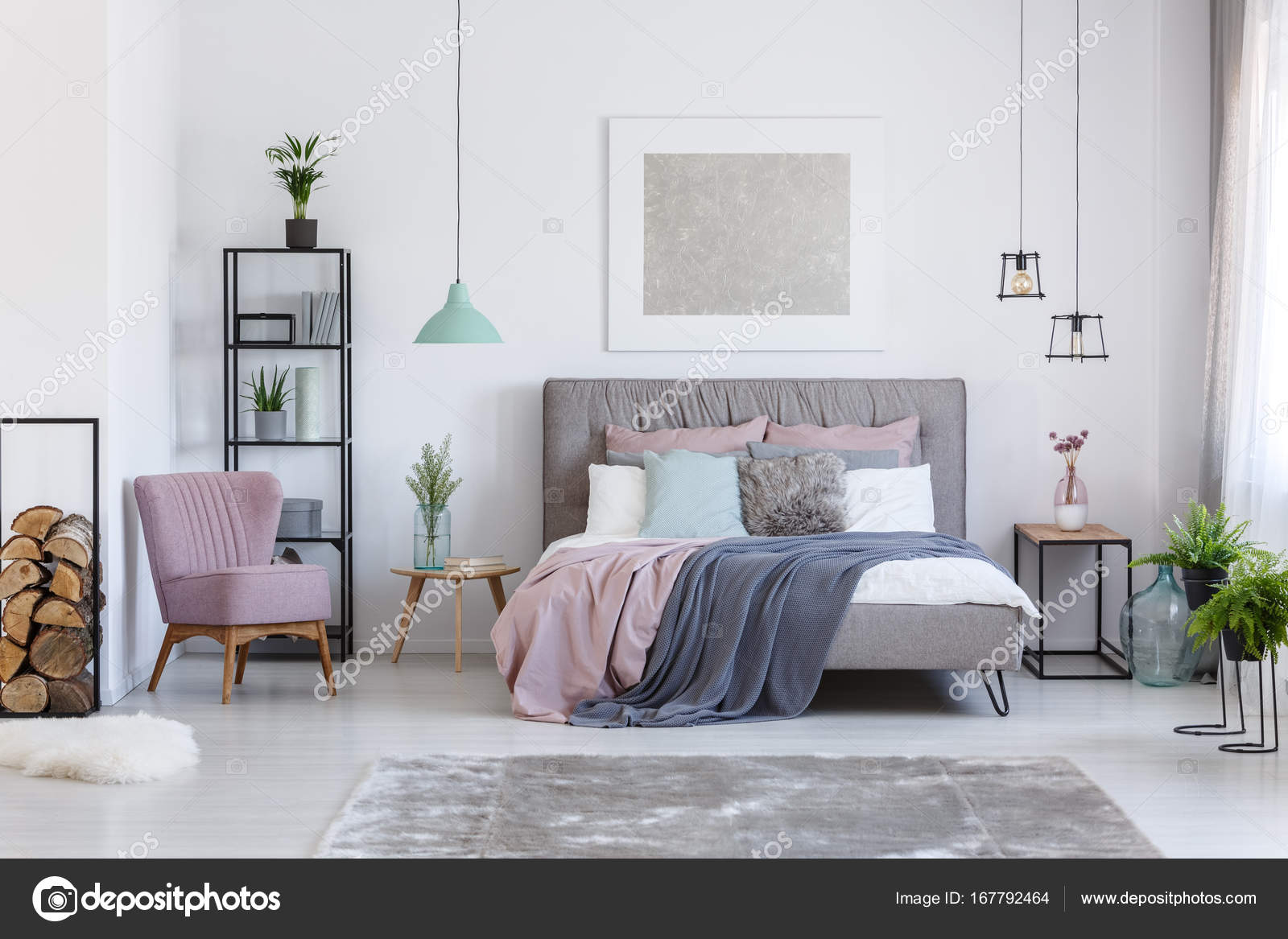 Pastel Bedroom With Comfortable Chair Stock Photo