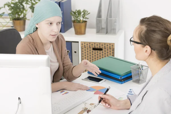 Sick businesswoman presenting company offers — Stock Photo, Image