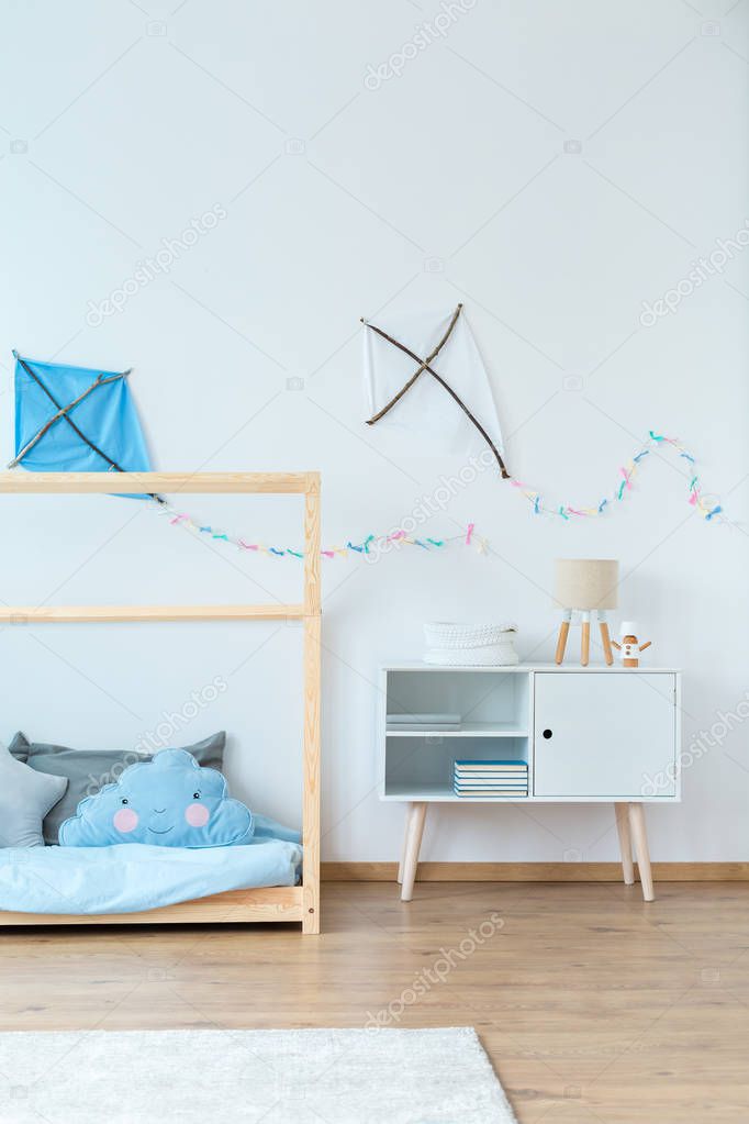 Handmade kites in boy's bedroom