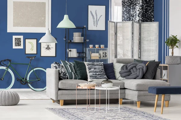 Серый угловой диван в комнате — стоковое фото
