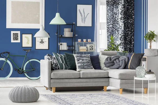 Design de interiores com sofá cinza — Fotografia de Stock