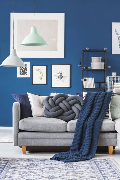 Blaue Decke auf grauem Sofa — Stockfoto