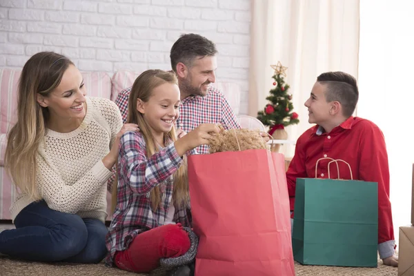 Family unpacking the gifts — Stock Photo, Image