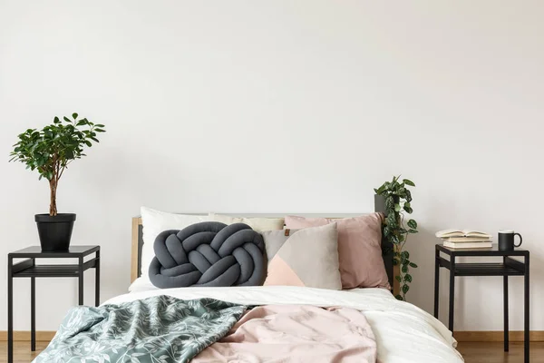 Простая светлая спальня с растением — стоковое фото