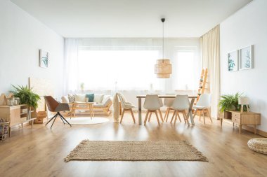 Geniş oturma odası halı ile