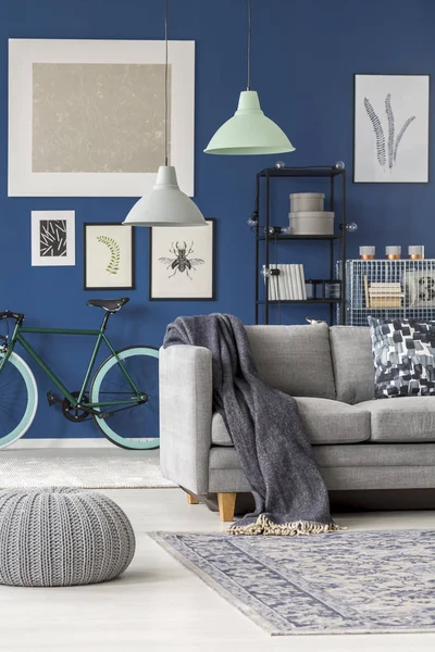 Gri kanepede mavi battaniye