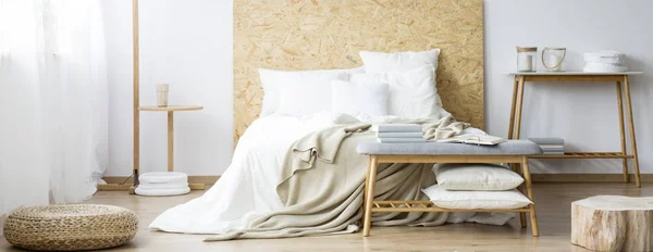 Pouf in warm natural bedroom — Stock Photo, Image