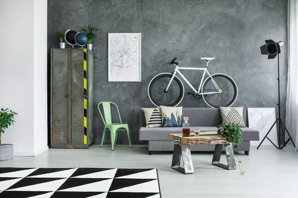 Sala de estar monocromática con bicicleta —  Fotos de Stock