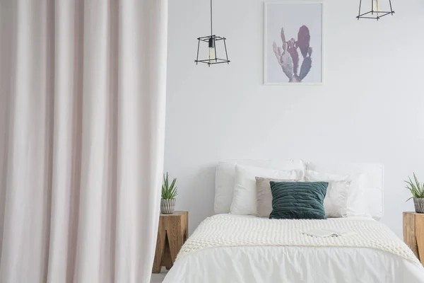 Pastel curtain in bright bedroom — Stock Photo, Image