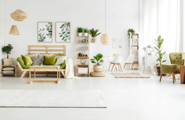 Простора зелена квартира з диваном — стокове фото