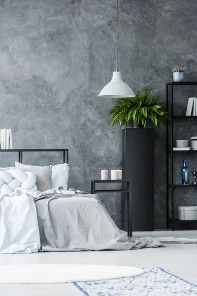 Grey lamp in monochromatic bedroom — Stock Photo, Image