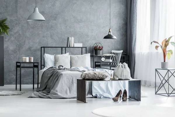 Woman's grey bedroom interior — Stock Photo, Image