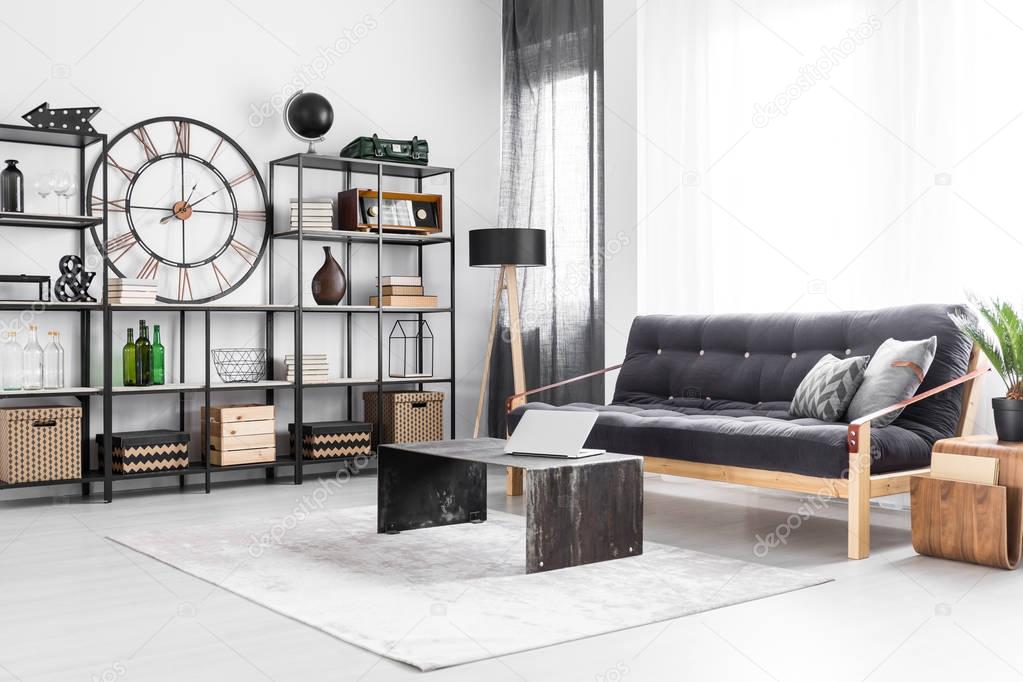 Living room with industrial clock