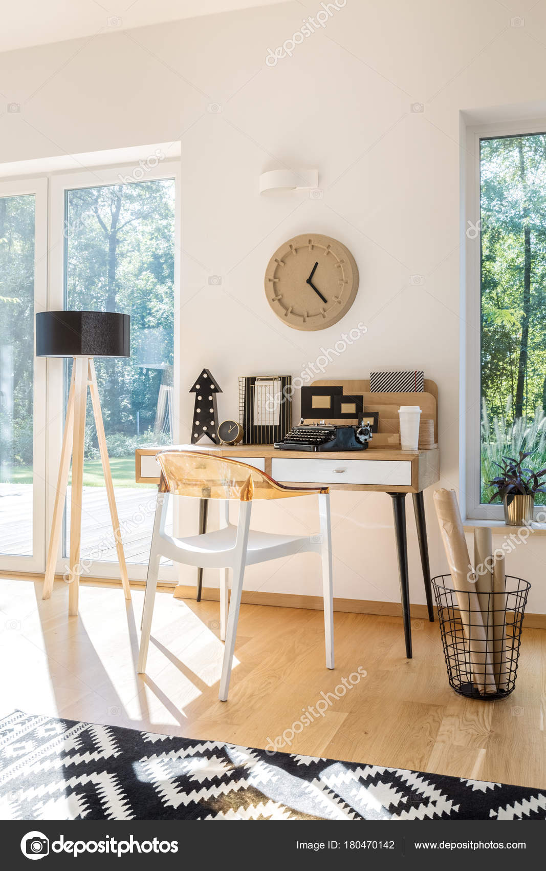 Wooden Desk Against White Wall Stock Photo Photographee