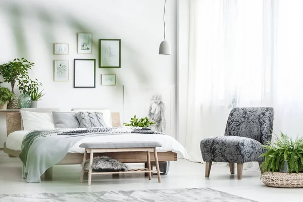 Fauteuil en varens in slaapkamer — Stockfoto