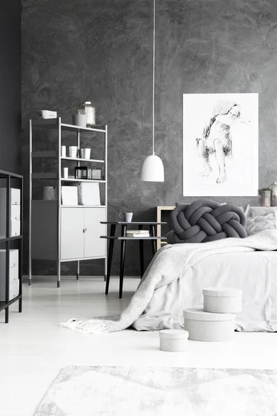 Monochromatic bedroom interior with cabinet — Stock Photo, Image