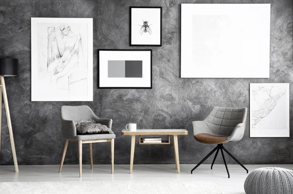 Sala de estar gris con carteles — Foto de Stock