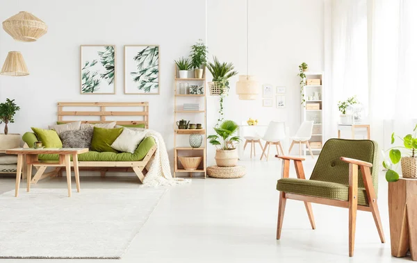 Zielony fotel w pokoju dziennym — Zdjęcie stockowe