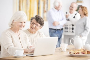 Happy elderly women using laptop clipart