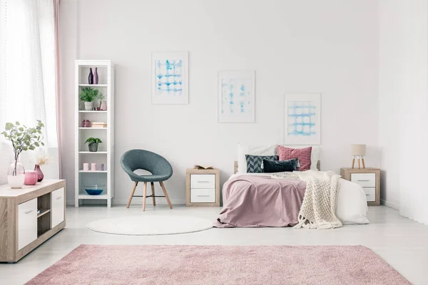 Posters in pastel bedroom interior — Stock Photo, Image